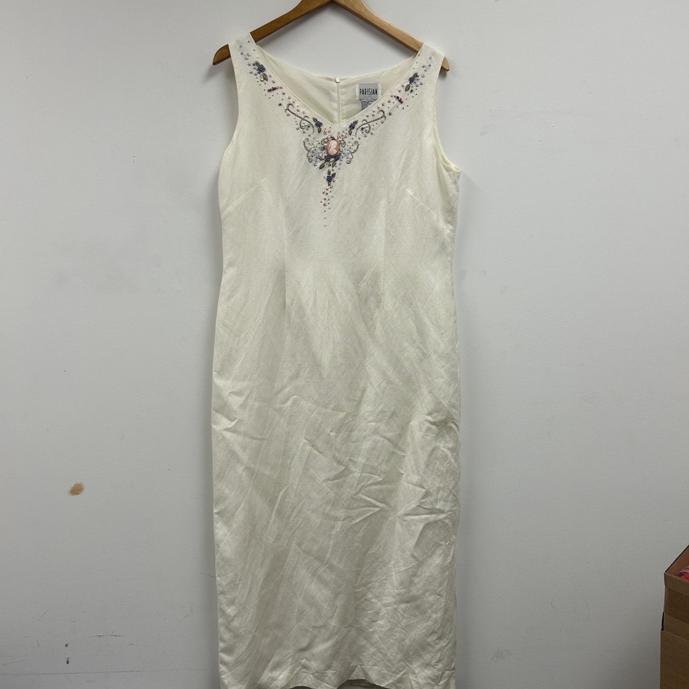 Vintage Parisian Dress Womens 14 White Linen Sheath Embroidered Cameo Midi